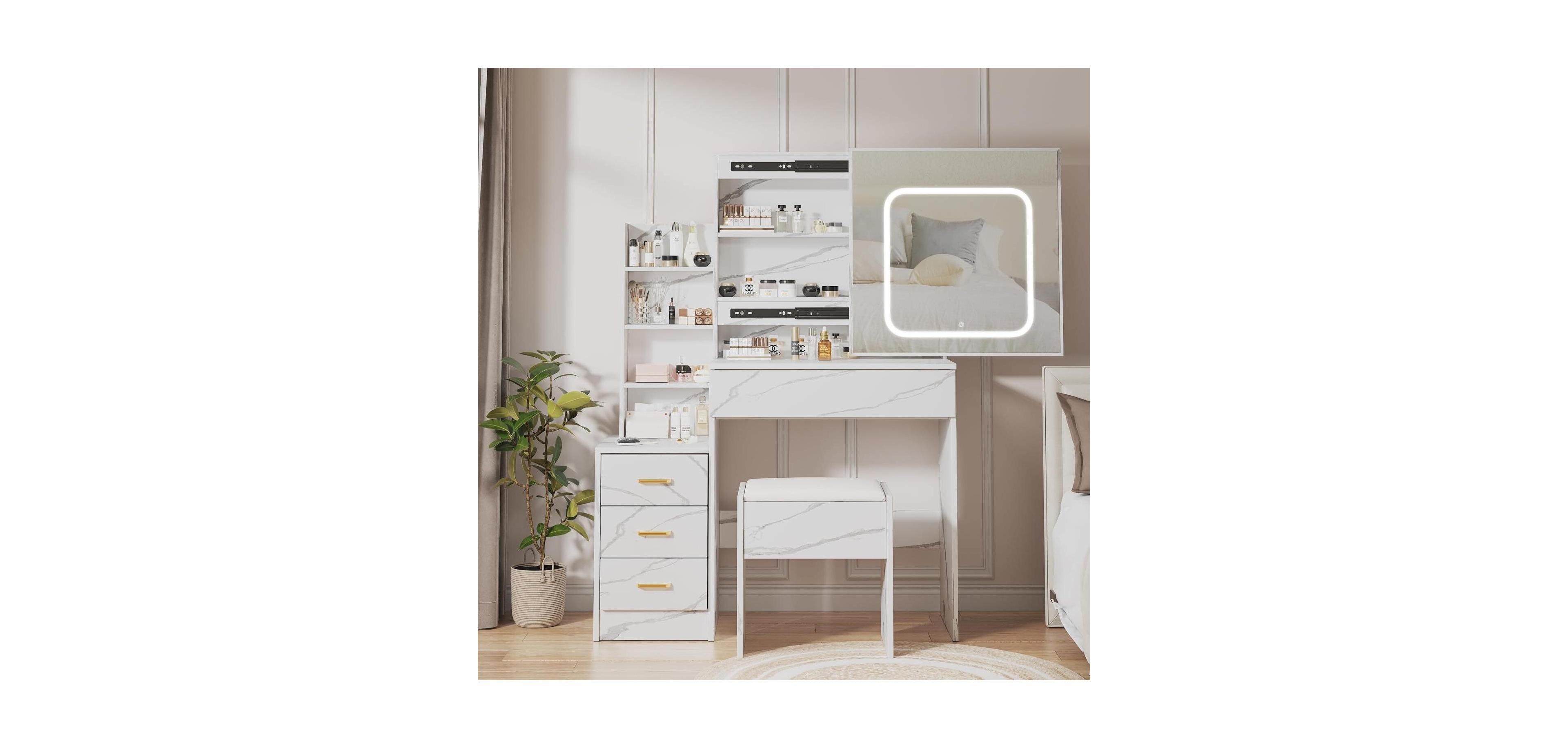 gaomon 4-Drawer Vanity Desk, 3-Color Adjustable Lighted Mirror Makeup Table for Bedroom