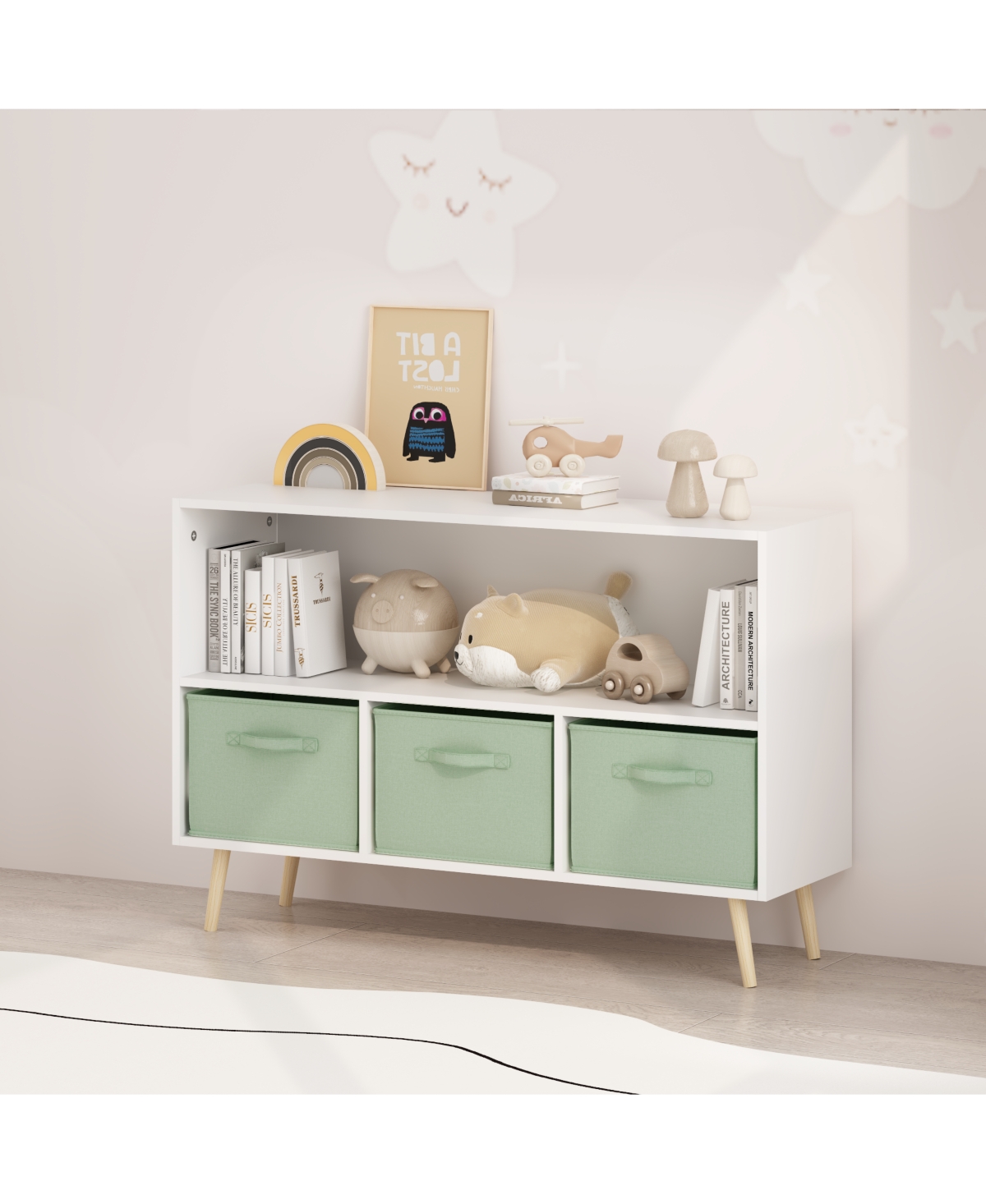Flynama Kids Bookcase with Fabric Drawers and Toy Storage Organizer