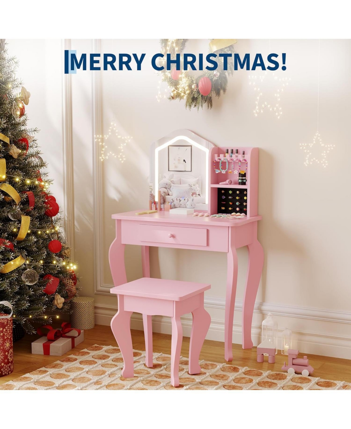 gaomon Toddler Lighted Vanity Set with Stool, 3-8 Years Girls Makeup Table and Pretend Play Set