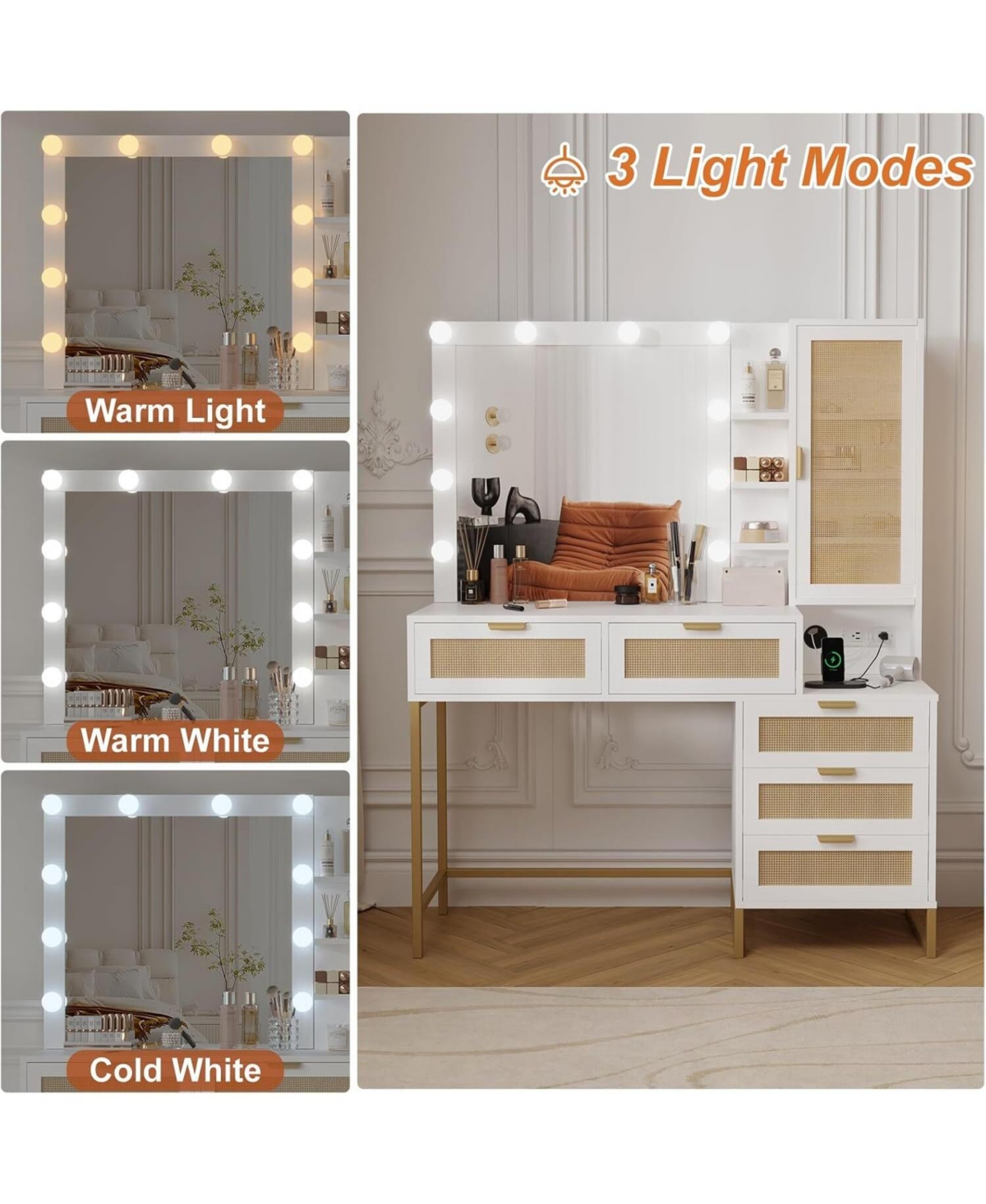 gaomon 5-Drawer 7-Shelf Vanity Desk, Lighted Mirror Makeup Table for Ultimate Storage