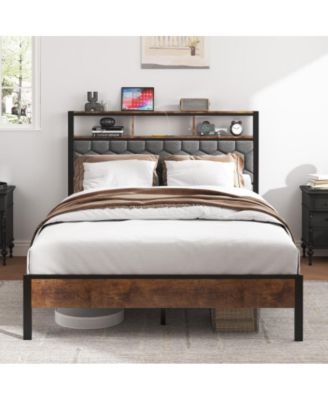 Full Size Wooden Platform Bed Frame with Upholstered Headboard, USB Charging Station, Under-Bed Storage, No Box Spring Needed