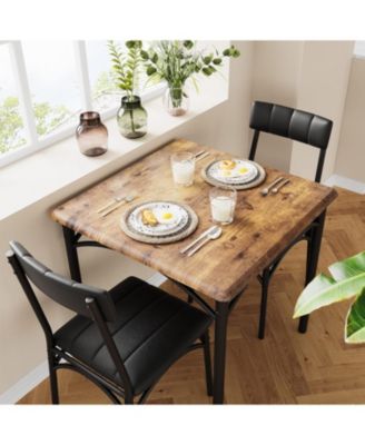 Compact 3 Piece Dining Table Set for 2 Square Table with Upholstered Chairs, Metal and Wood Construction for Small Spaces Apartments Studios