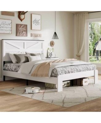 QUEEN Size Wood Platform Bed Frame with Industrial Style, Metal Frame, Wood Slats, No Box Spring Needed, Under-Bed Storage