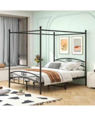 Queen Size Metal Canopy Bed Frame with Headboard and Footboard, 4-Post Design, Steel Tubing, No Box Spring Needed, Under-Bed Storage
