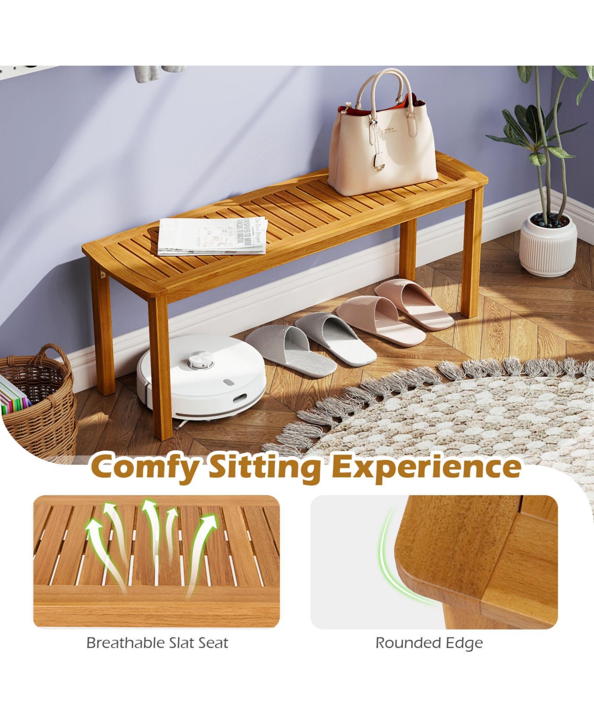 Gymax 2 Pcs Acacia Wood Outdoor Bench 48'' Long Patio Dining Bench w/ Slatted Seat for Garden