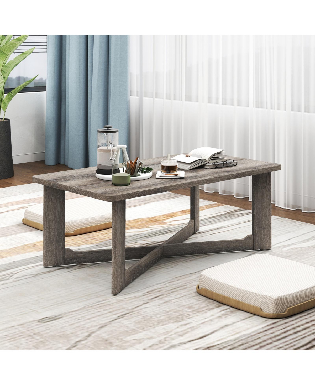 Gymax Coffee Table Solid Rubber Wood Center Table with X-Shaped Base for Living Room