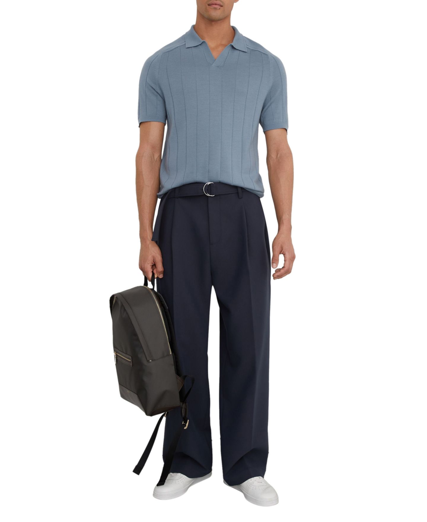 Мужская рубашка REISS Chelmsford Open Collar Wide Rib Merino Wool Jumper Polo Shirt, цвет: Синий — фото 2