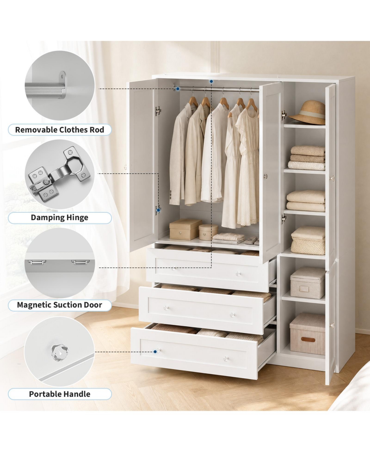gaomon Wooden Armoire Wardrobe Closet, 71''H Large Clothing Storage Cabinet with Handing Rod and 3 Drawers, Armoire Clothes Organizer for Bedroom