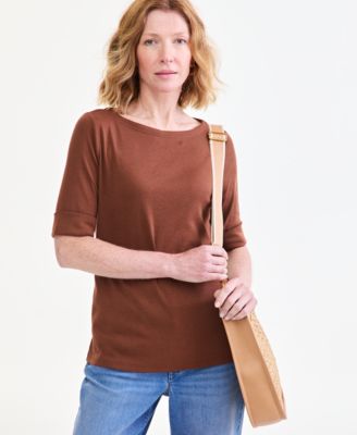 Women's Boat-Neck Elbow Sleeve Cotton Top