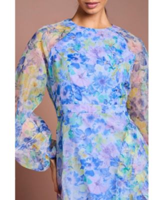 puff sleeve organza midi dress MissJophiel Corset Floral Print Organza Midi Dress with Puff Sleeves Floral Print / Above Knee / US2