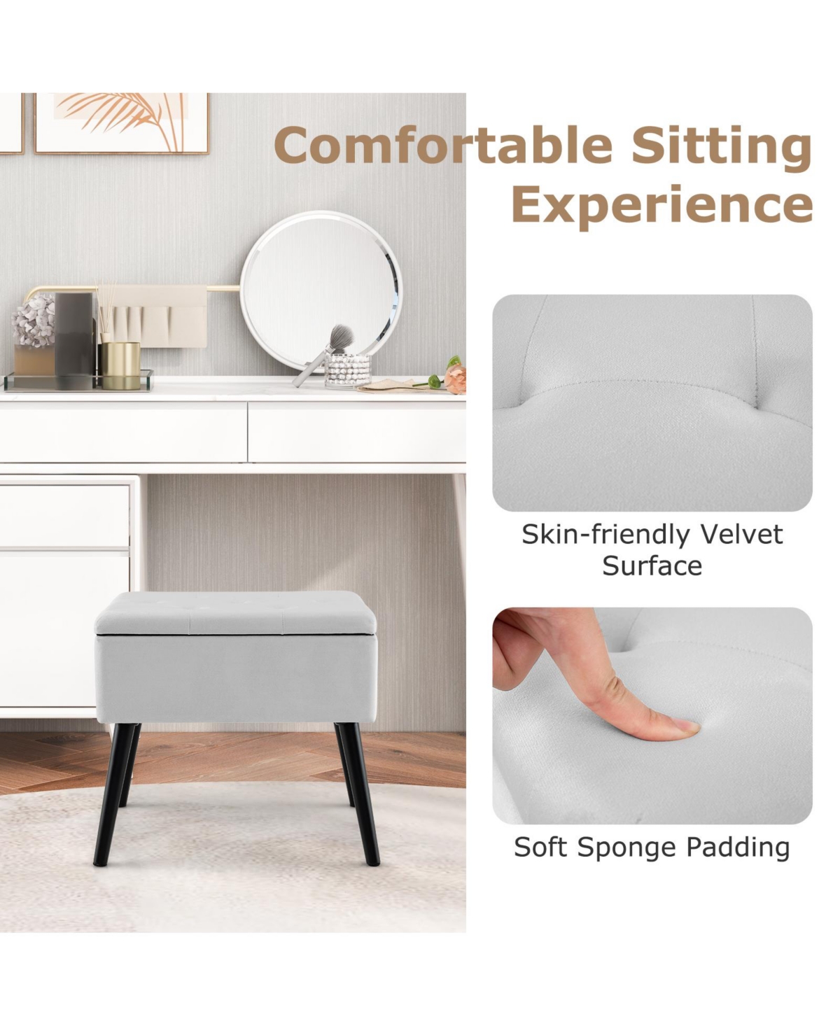 Gouun Velvet Storage Ottoman with Hinged Lid and Solid Wood Legs, 21 x 15 x 18.5 in