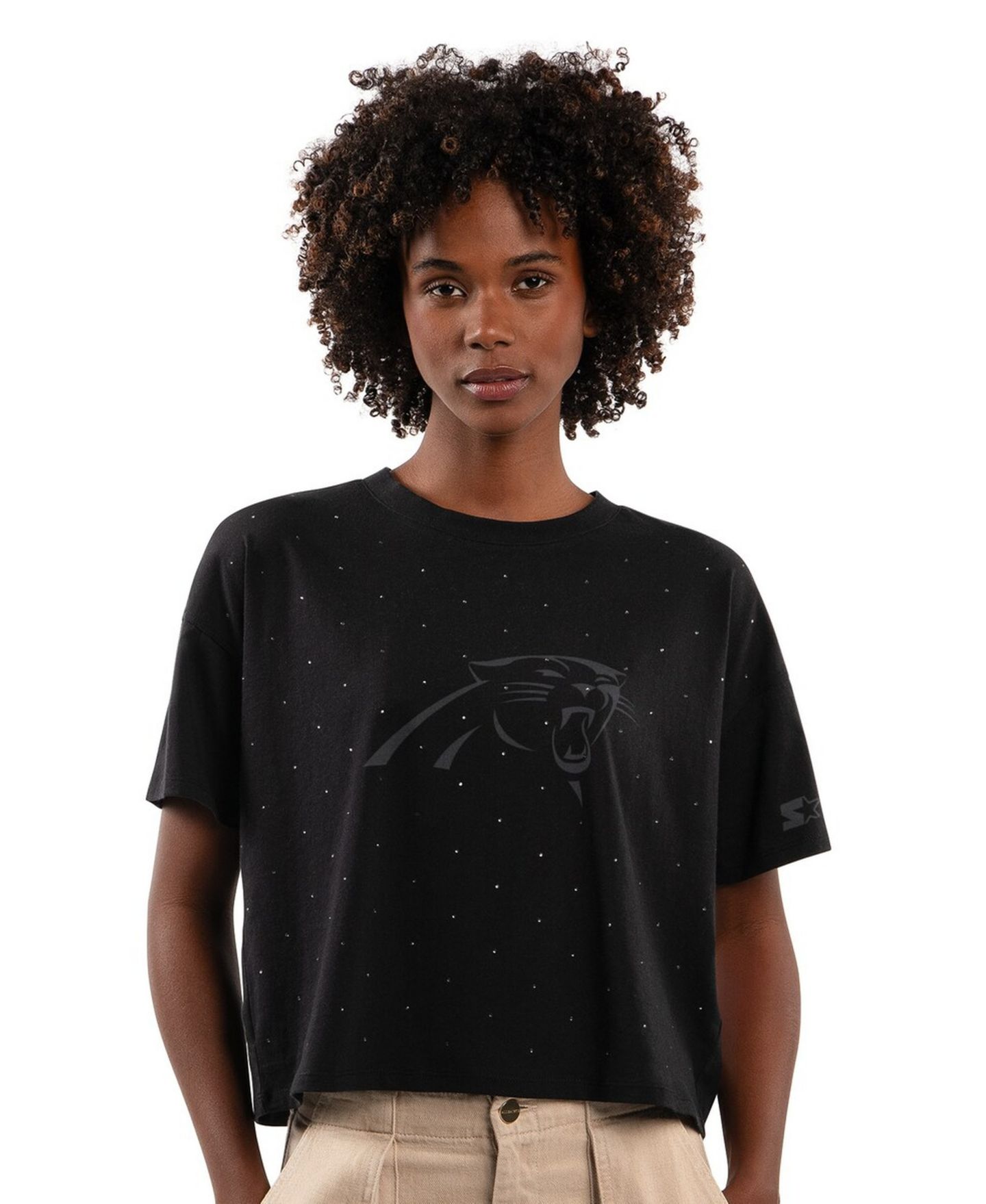 Женская футболка Starter Black Carolina Panthers Rhinestone Sprinkle Boxy Cropped — фото 1