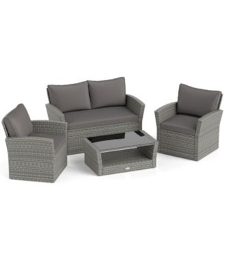 Patio Furniture Set with 2 Rattan Chairs Loveseat Coffee Table Cushions