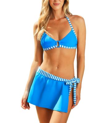 Women's Striped Bikini Set with Cover Up Swim Skirt