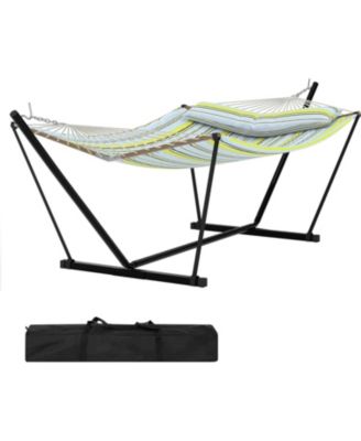 Double Outdoor Hammock Set with Adjustable Steel Frame and Detachable Pillows, 2-Person Hammock for Yard, Patio, Garden and Beach