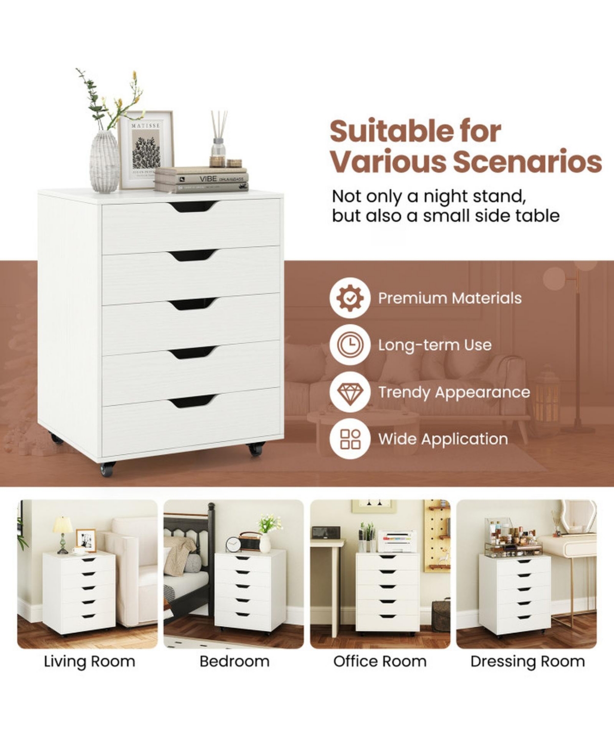 Gouun 5-Drawer Rolling File Cabinet with Lockable Wheels and Storage Top