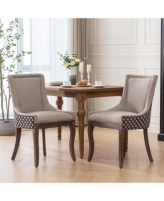 Furniture, Ultra Side Dining Chair, Thickened fabric chairs with neutrally toned solid wood legs, Bronze nail head, Set of 2