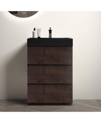 Freestanding Bathroom Vanity with Solid Surface Basin, 3 Soft Close Handle-Free Drawers, Modern Walnut Storage Cabinet