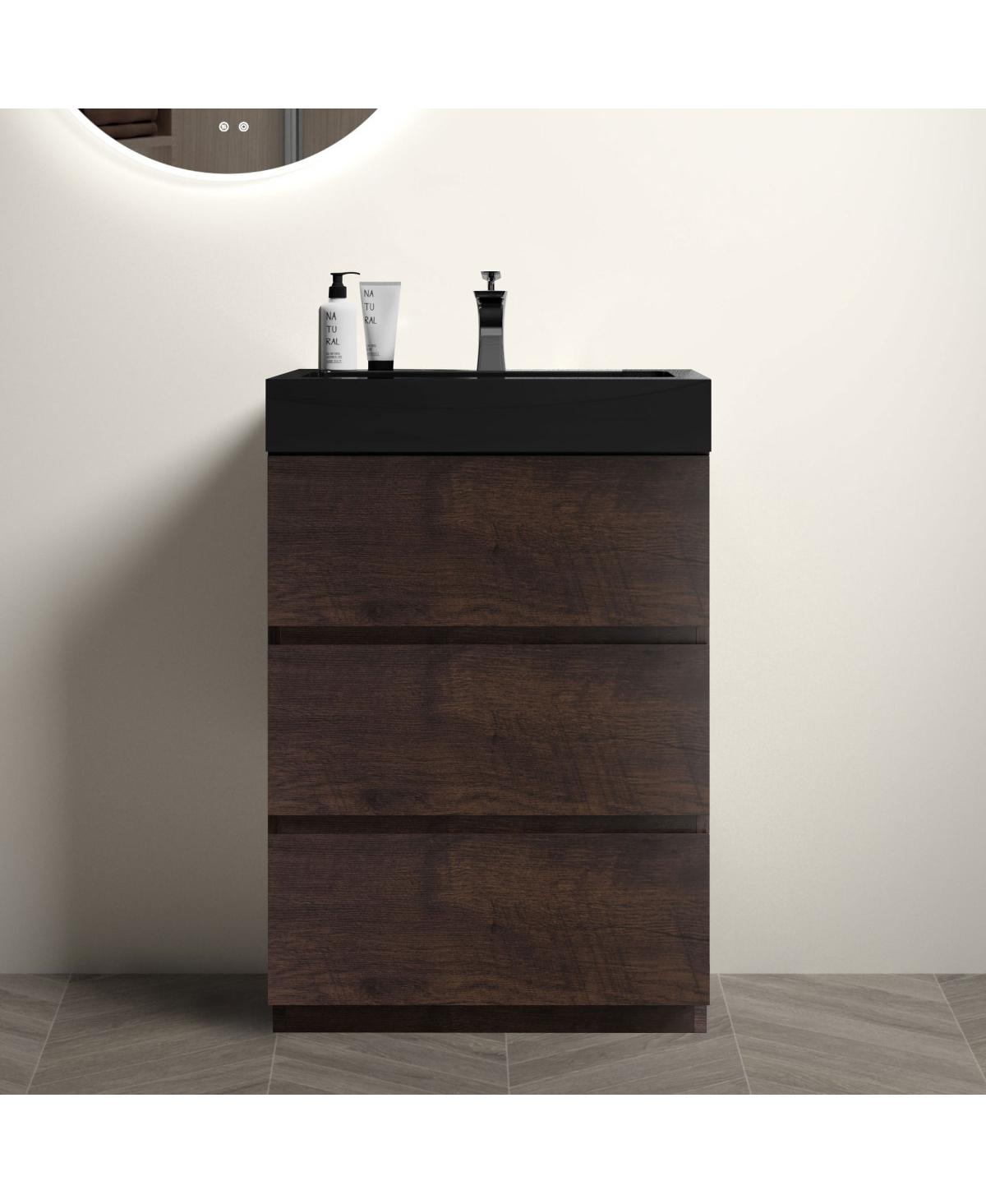Sillysis Freestanding Bathroom Vanity with Solid Surface Basin, 3 Soft Close Handle-Free Drawers, Modern Walnut Storage Cabinet - Dark Brown