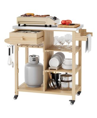 Portable Bar Cart, 41 Inch Wood Kitchen Island with Stainless Steel Top and Locking Wheels for Patio