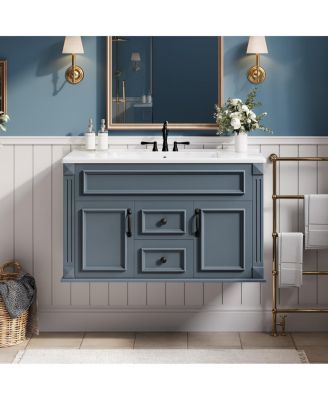 36 Inch Floating Bathroom Vanity with Ceramic Sink, Wall Mounted Modern Cabinet, Soft Close Drawers, French Vintage Style