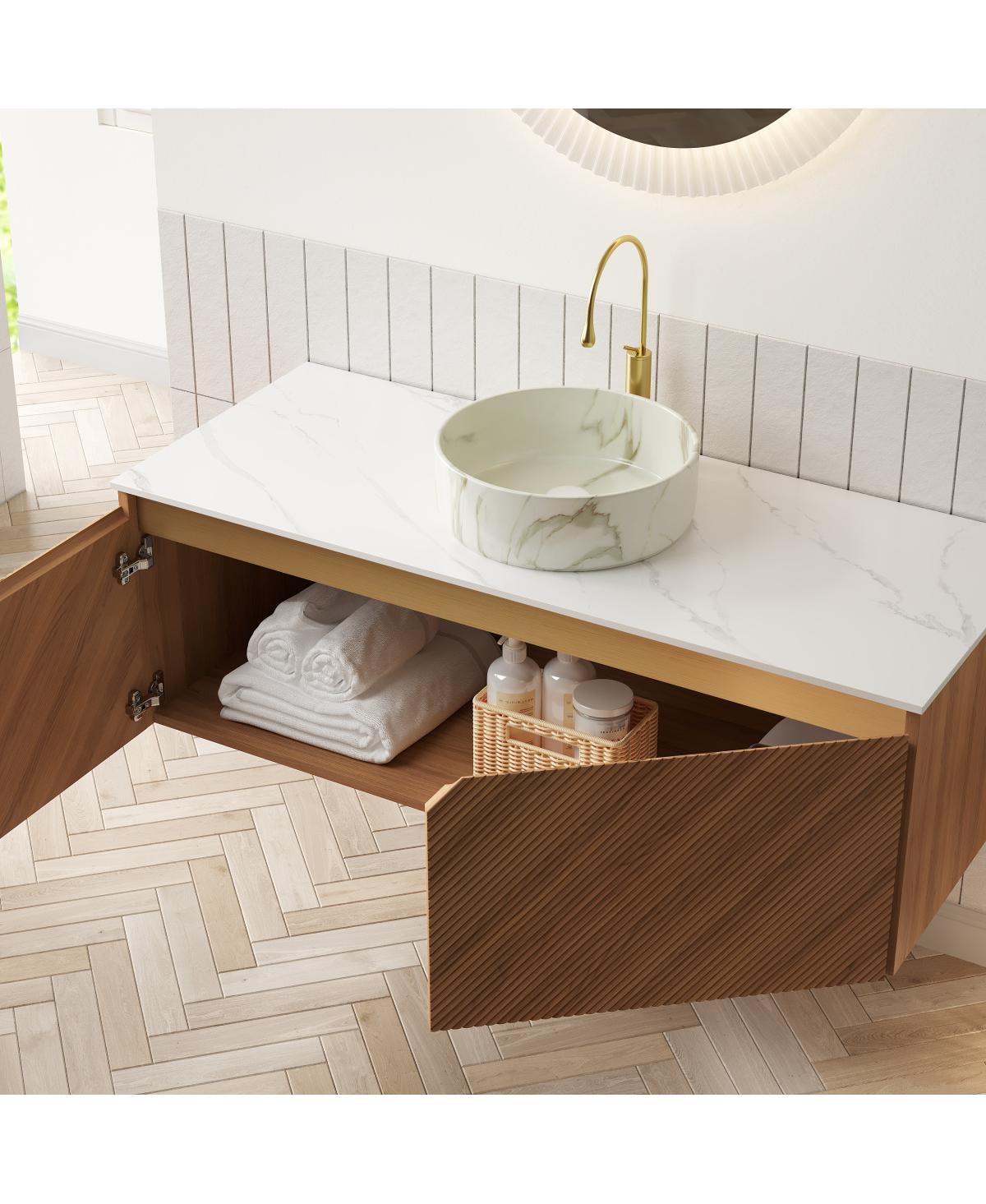 Sillysis Floating Bathroom Vanity with Ceramic Vessel Sink, Carrara Sintered Stone Top, Solid Wood Door