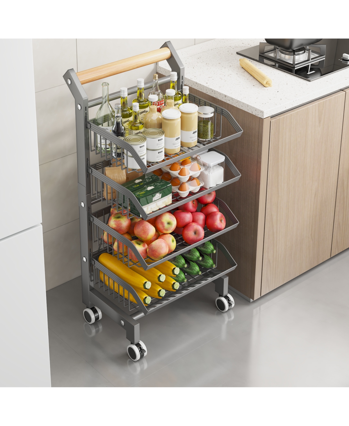 homfan Bar Cart, Foldable Carbon Steel Rolling Storage Cart with Locking Wheels for Kitchen or Pantry