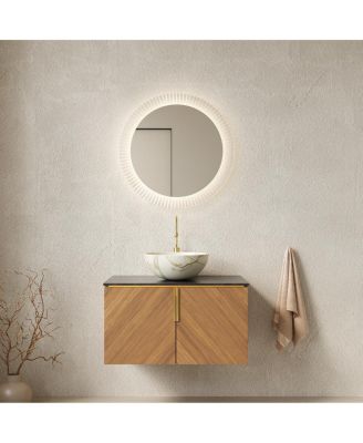 Floating Bathroom Vanity Cabinet with Ceramic Vessel Sink, Sintered Stone Countertop, Large Storage, Soft Close Doors