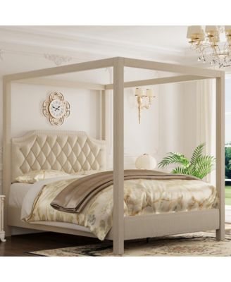 Canopy Bed Frame with Upholstered Headboard, Four Poster Design, and Slide Rail, No Box Spring Required, Wooden Slatted Structure