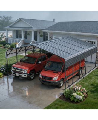 Hardtop Steel Carport with Solar Light, Heavy Duty Metal Vehicle Shelter for Cars Trucks Boats Patio Driveway