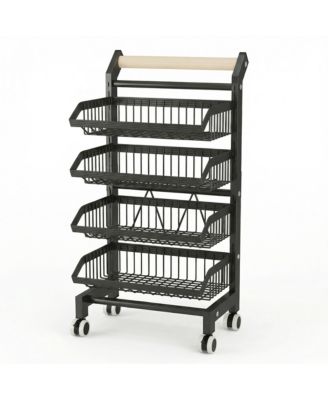 3 Tier Bar Cart, 32 Inch Foldable Carbon Steel Rolling Storage Cart with Locking Wheels for Kitchen or Pantry