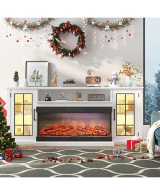 Farmhouse Fireplace TV Stand, 3-Sided Electric Fireplace, 12 LED Flame Colors, 40 Inch Heater, 2-Tier Storage and Glass Cabinets, Fits TVs