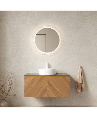 Floating Bathroom Vanity Cabinet with Ceramic Vessel Sink, Sintered Stone Countertop, Large Storage, Soft Close Doors