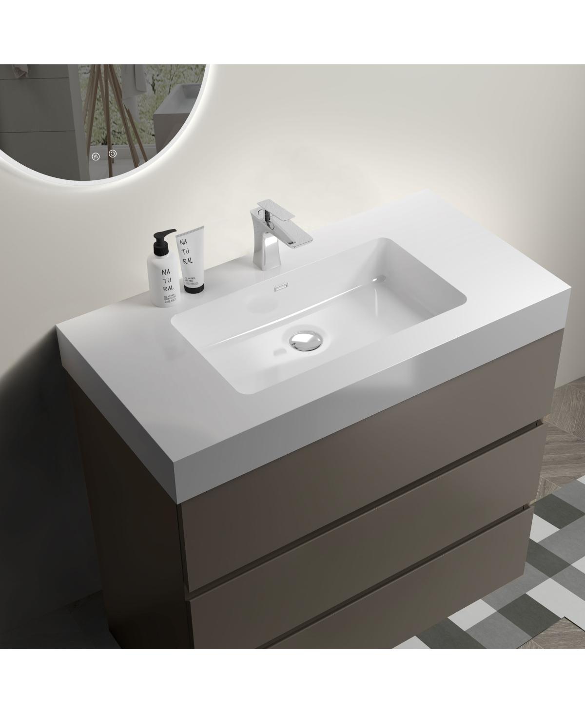 Sillysis Modern Freestanding Bathroom Vanity with Stone Sink, Soft Close Drawers, Handle-Free Storage Cabinet