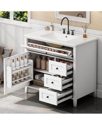 36 Inch Modern Bathroom Vanity with Ceramic Sink, Storage Cabinet, Solid Wood Legs and Adjustable Shelves