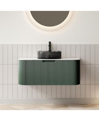 Wall-Mounted Bathroom Vanity with Crystal Glass Sink, Sintered Stone Top, Soft Close Drawer, Pre-Assembled Green Stripe Cabinet