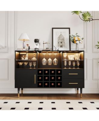 47" Coffee Bar Cabinet Charging Station and RGB LED Light, Wood Liquor Storage for Dining Room or Living Room