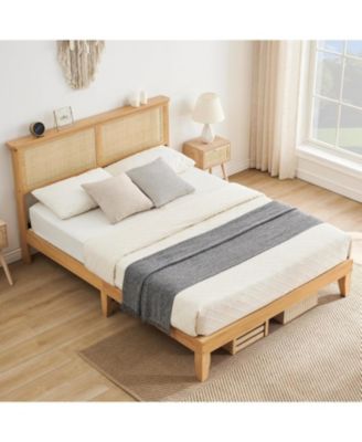 Rattan LED Bed Frame with Headboard and Metal Platform Bed with Wood Slats, Large Under Bed Storage, Noise Free, No Box Spring Needed