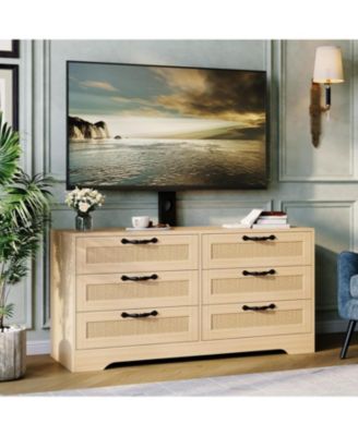 TV Stand with Mount  Modern Entertainment Center, 6 Drawer Rattan Dresser for 32-85 Inch TVs, Media Console Table with Storage for Living Room