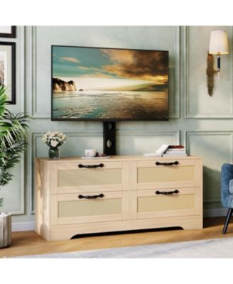 Rattan TV Stand with Mount – 4 Drawer Dresser Entertainment Center for TVs up to 70 Inch, Farmhouse Wooden Media Console for Living Room