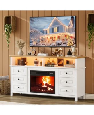 60"Fireplace Stand for TVs Up to 65", Fireplace with LED Lights, 3D Flame and Heating, Farmhouse Console with Drawers