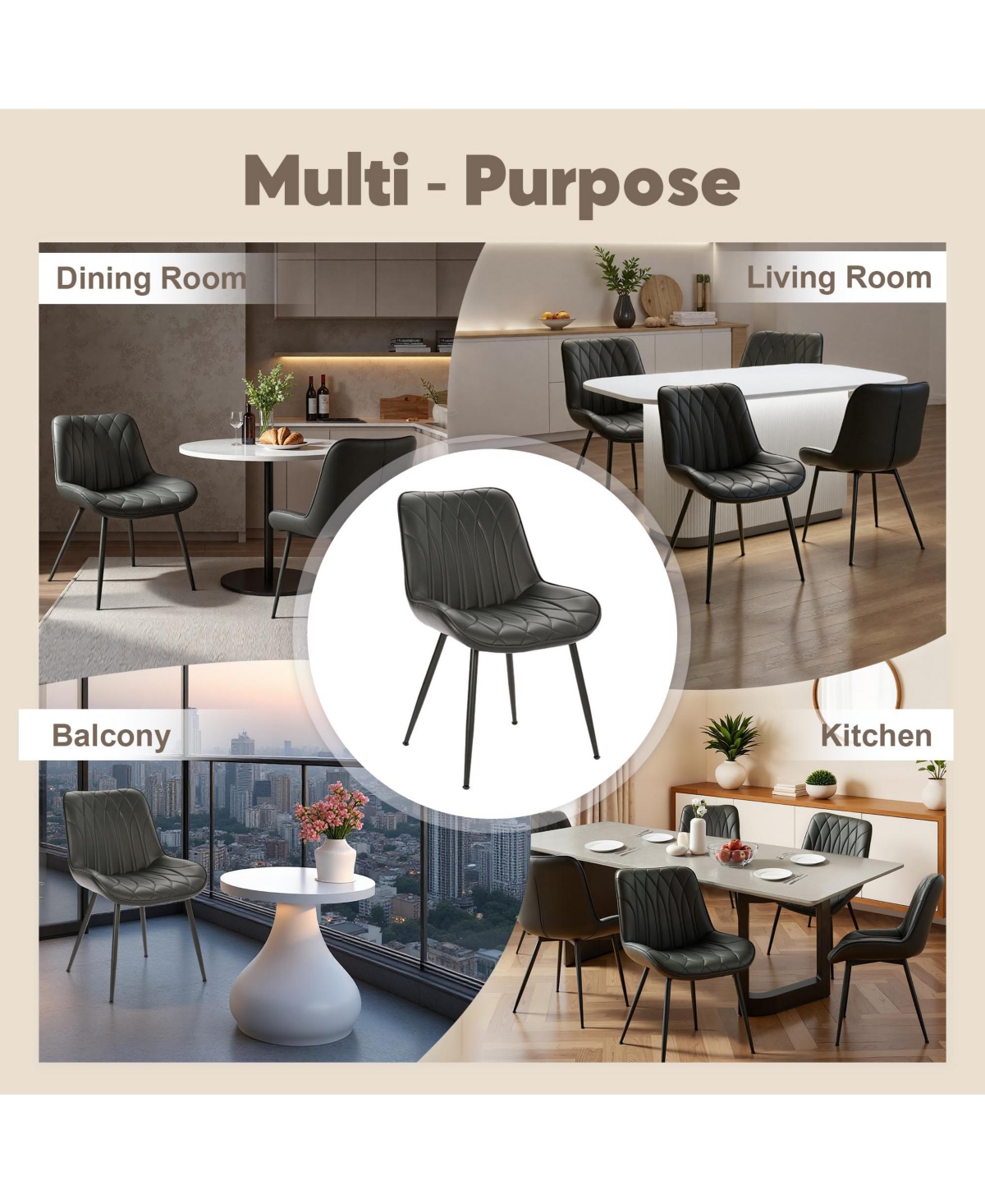 homfan Set of 2 Dining Chairs, Black Pu Leather Upholstered Mid Century Chairs with Metal Legs for Dining Room or Kitchen