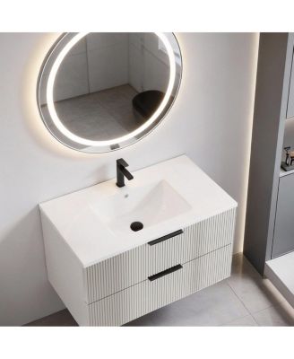 Wall Mounted Bathroom Vanity with Ribbed Drawers, U-Shaped Organizer, Waterproof MDF Cabinet for Small Spaces