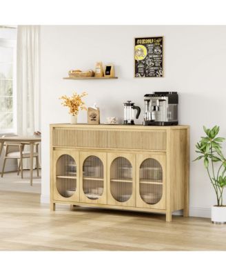 55 Inch Fluted Sideboard Buffet with 2 Drawers and 4 Glass Doors, Multi-Purpose Coffee Bar Storage Cabinet for Dining, Living Room and Kitchen