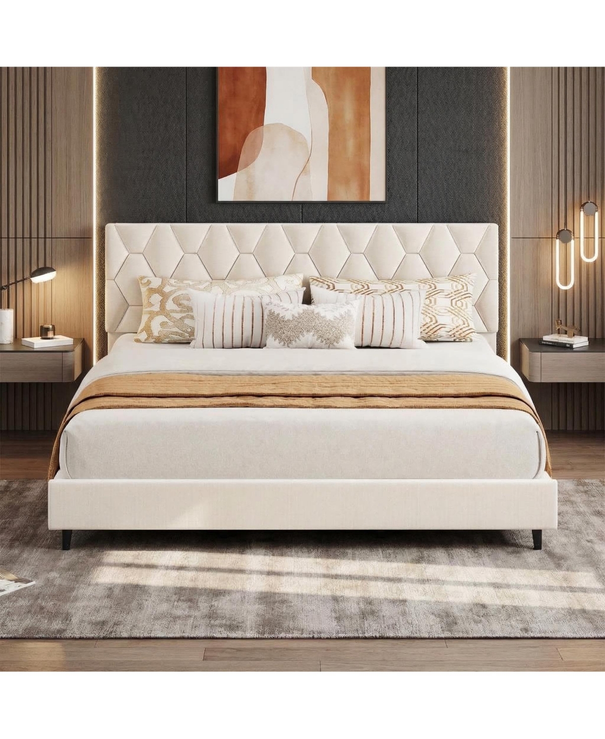 homfan Modern Upholstered Platform Bed Frame with Adjustable Headboard, Heavy Wood Slats, Sturdy Support, No Box Spring Needed, Easy Assembly