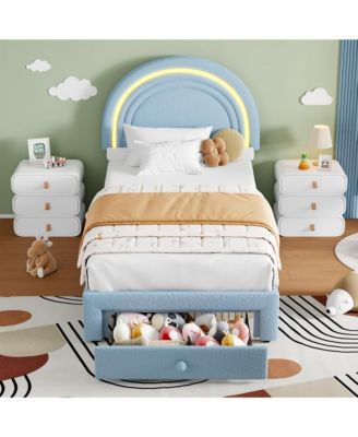 Twin Princess Rainbow Headboard LED Bed Frame for Kids Upholstered, Storage Drawer, Soft Berber Fleece, Sturdy Wood Slats, No Box Spring Needed