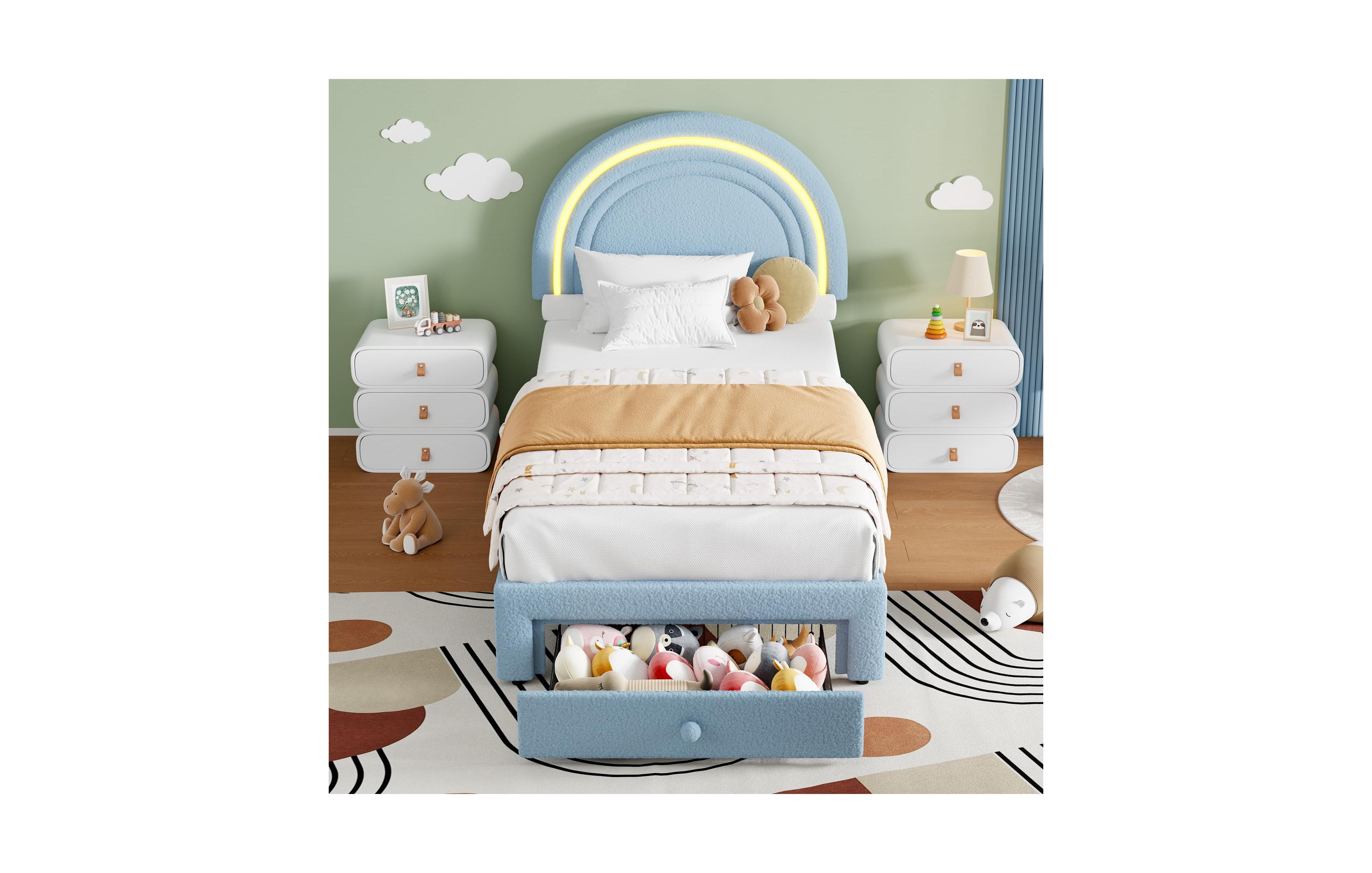 homfan Twin Princess Rainbow Headboard Led Bed Frame for Kids Upholstered, Storage Drawer, Soft Berber Fleece, Sturdy Wood Slats, No Box Spring Needed