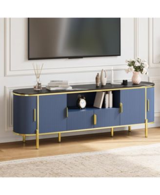 Modern Luxury 70" Four-Door TV Stand, Wave Design, Imitation Marble Top, Metal Accents, Adjustable Shelves