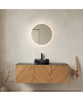 Bathroom Vanity Cabinet with Glass Vessel Sink, Sintered Stone Top, Soft Close Storage, Modern Oak Grain Design