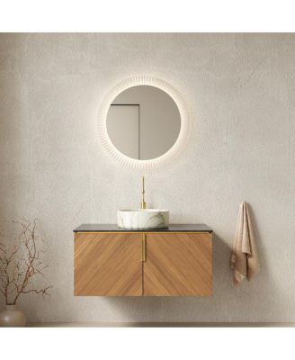Floating Bathroom Vanity Cabinet with Ceramic Vessel Sink, Sintered Stone Countertop, Large Storage, Soft Close Doors